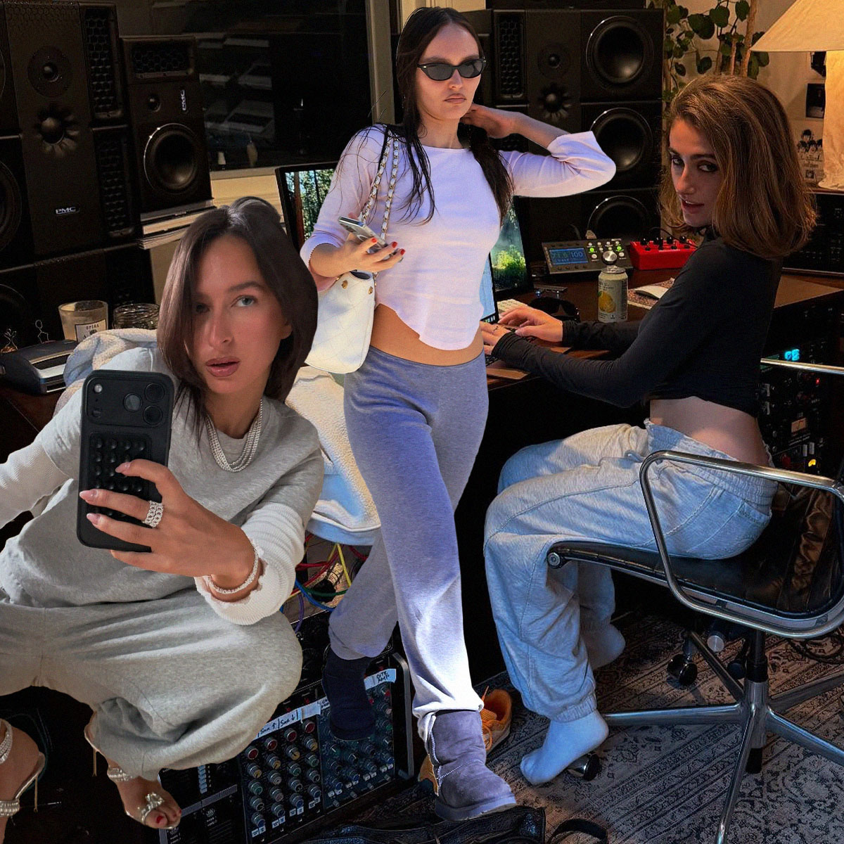 Collage of Gen Z wearing grey sweatpants with different wrong shoes.