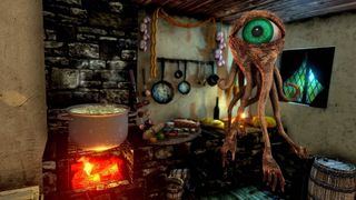 In one of Mortal Crux's cozy cottage interiors, a monster consisting of a single, massive eye and a mass of dangling tentacles offers a welcoming gesture with one of its many hands.