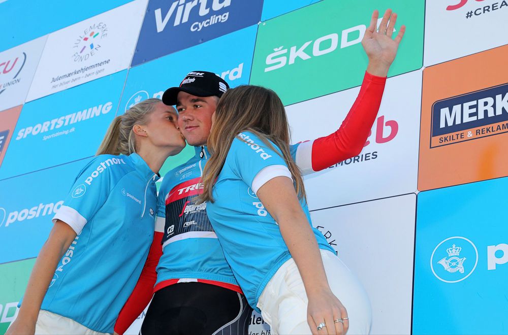 Mads Pedersen on the stage 4 podium in Denmark
