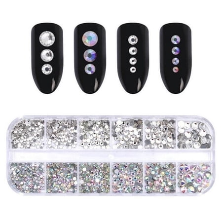 2pcs/set Nail Art Rhinestones, Ab Crystal Clear Mixed Size Dazzling Gem Nail Art Decoration, Silver