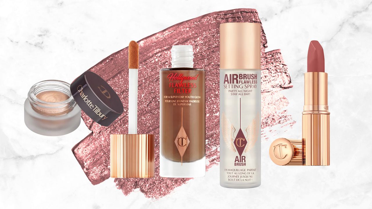 Collage of four Charlotte Tilbury products set in front of a glittery pink product swatch against a white marble effect background 