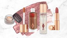 Collage of four Charlotte Tilbury products set in front of a glittery pink product swatch against a white marble effect background 