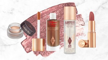 Collage of four Charlotte Tilbury products set in front of a glittery pink product swatch against a white marble effect background