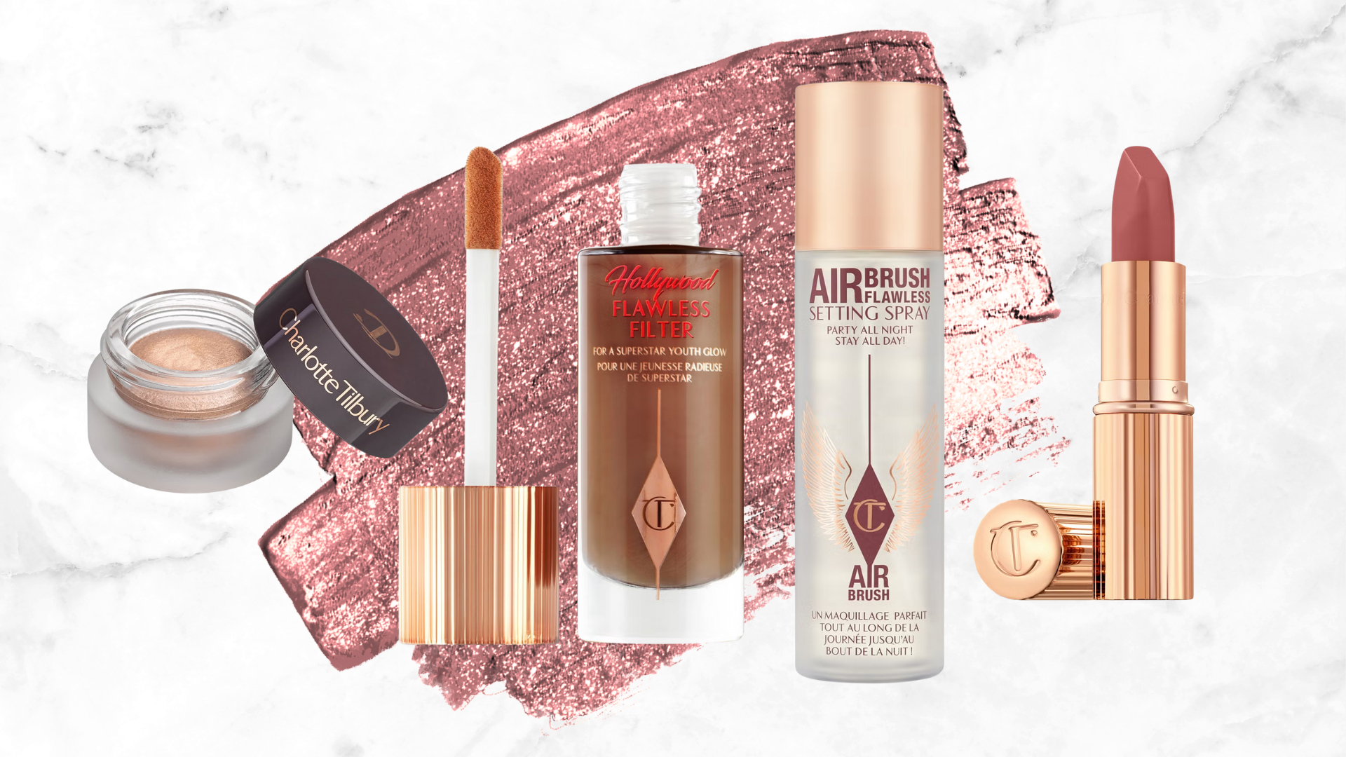 Collage of four Charlotte Tilbury products set in front of a glittery pink product swatch against a white marble effect background 