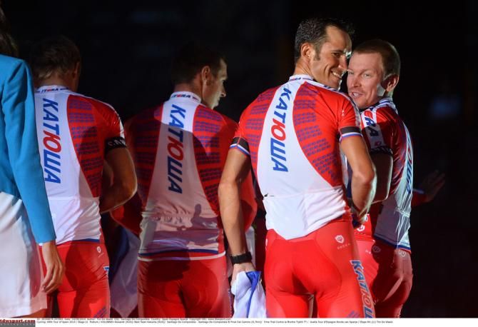 Katusha riders joke around on the podium