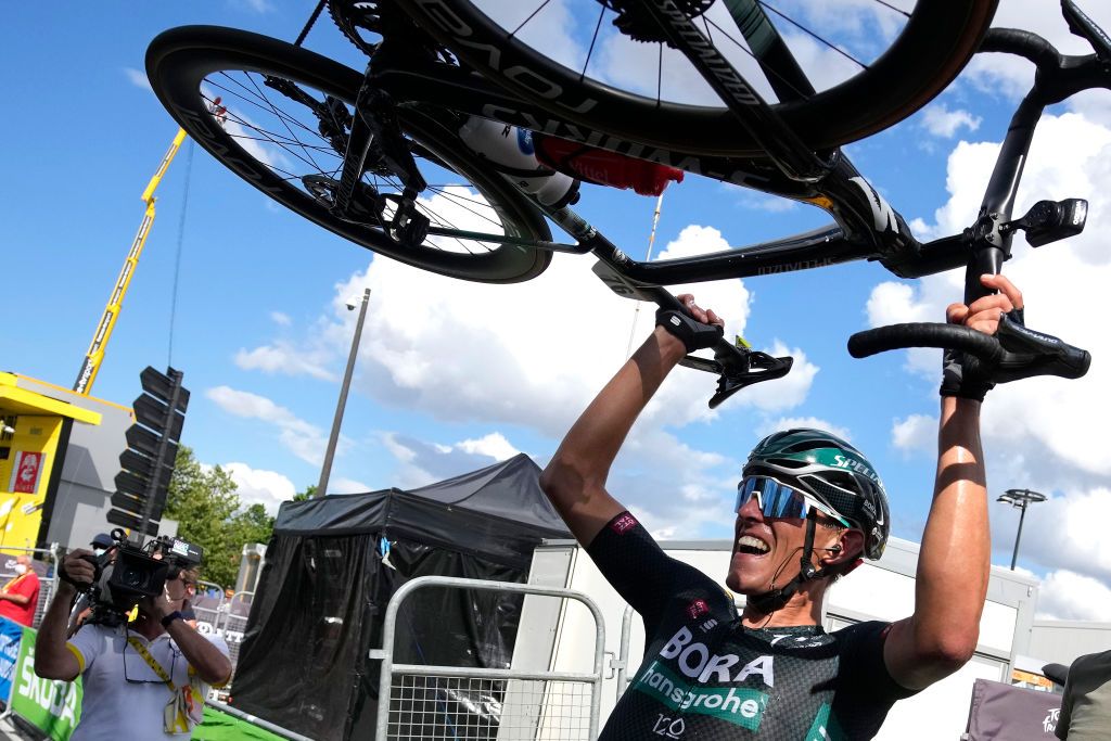 NMES FRANCE JULY 08 Nils Politt of Germany and Team BORA Hansgrohe stage winner celebrates at arrival during the 108th Tour de France 2021 Stage 12 a 1594km stage from SaintPaulTroisChateaux to Nimes LeTour TDF2021 on July 08 2021 in Nmes France Photo by Christophe Ena PoolGetty Images