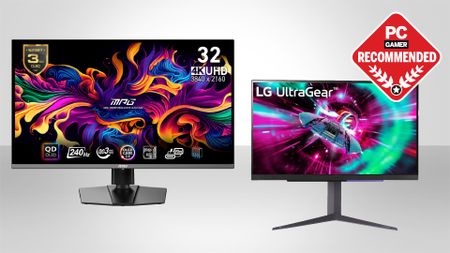 Two of the best 4K gaming monitors, the MSI MPG 321URX QD-OLED and the LG UltraGear 27GR93U on a grey background with the PC Gamer recommended logo in the top right corner