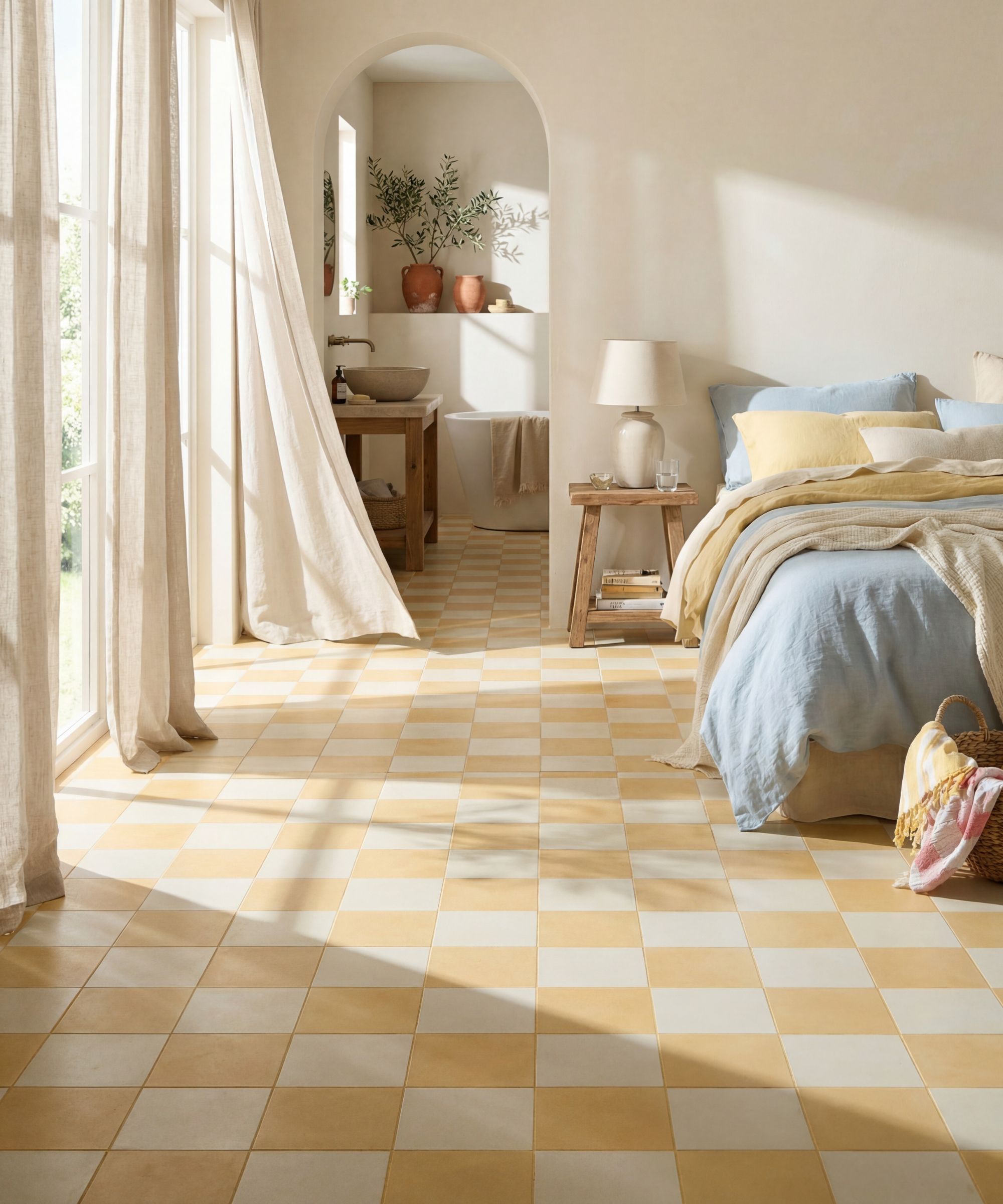A sun-drenched open-plan bedroom and ensuite with a bold yellow and cream checkerboard tile floor flowing through both spaces. Blue and yellow linen bedding, a rustic wooden stool nightstand and sheer curtains frame tall windows, with an arched alcove revealing a freestanding bath and stone basin beyond.