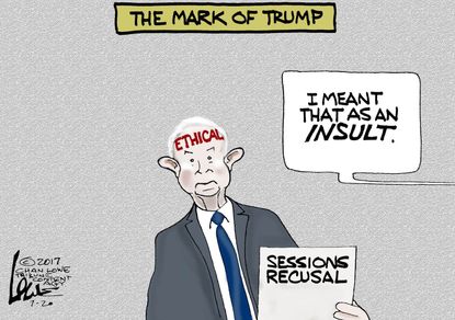 Political cartoon U.S. Trump Sessions recusal Russia investigation ethics