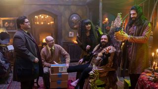 Harvey Guillen, Mark Proksch, Natasia Demetriou, Matt Berry and Kayvan Novak in What We Do in the Shadows