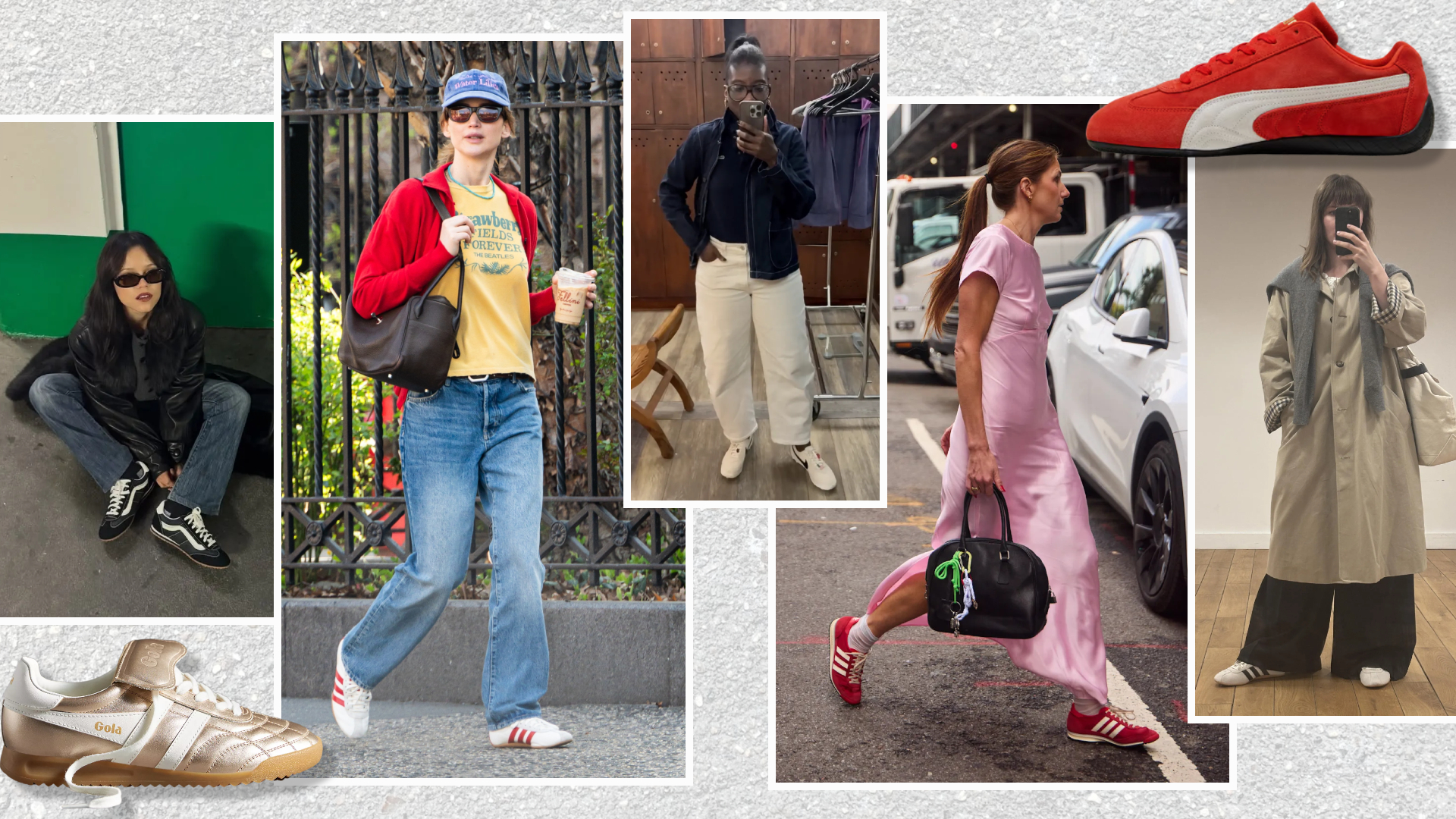 a collage of the best 2026 retro sneakers on Jenna Ortega, Jennifer Lawrence, Nikki Ogunnaike, Halie LeSavage, and a woman at new york fashion week