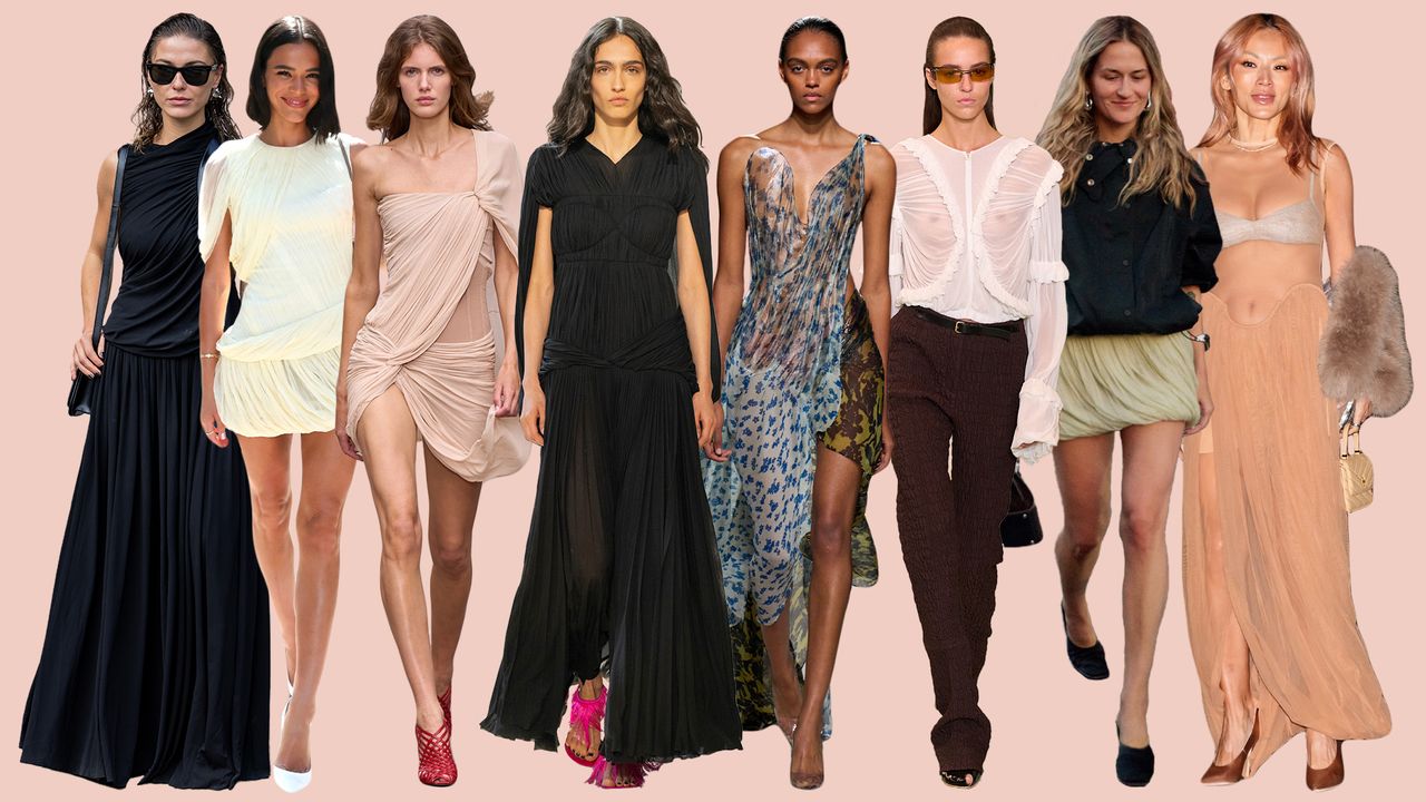 A collage showcasing celebrities, models, and editors wearing the draped fabric dress and skirt trend. 