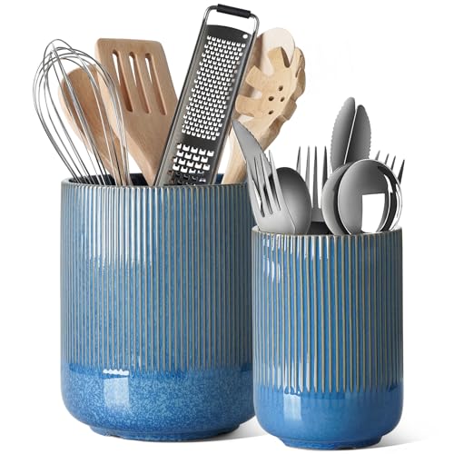 Le Tauci Utensil Holder, 7.3&amp;quot;+5.4&amp;quot; Ceramic Kitchen Utensil Holder for Countertop, Large Cooking Utensil Crocks Gift for Mother&#039;s Day, Costal Ocean Home Kitchen Decor, Set of 2,glaze Marble Blue