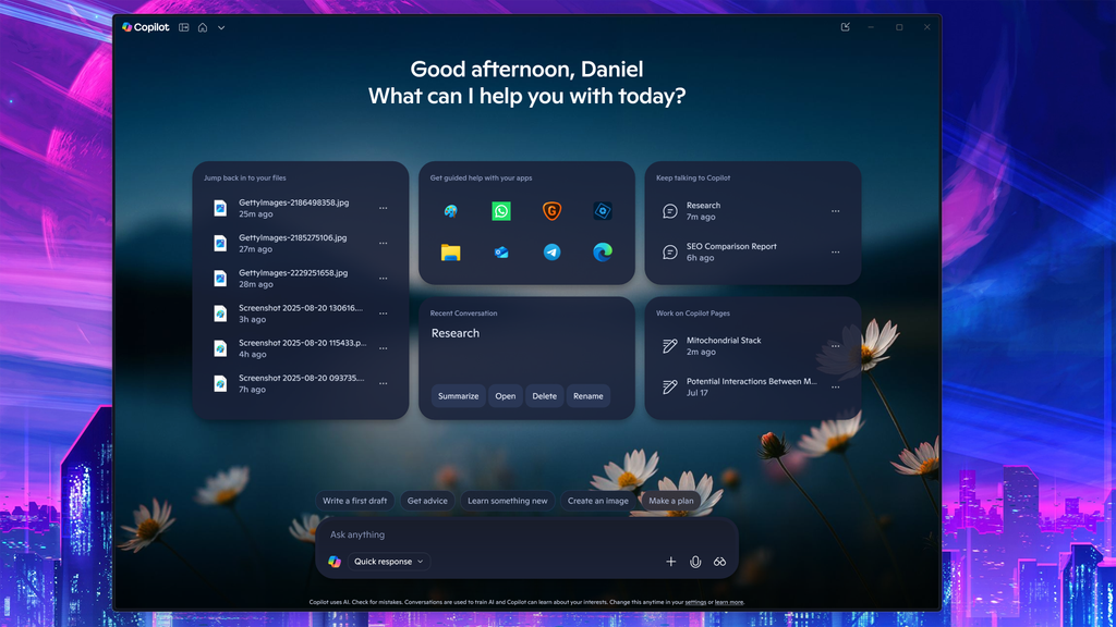 Screenshots of Microsoft's Copilot app for Windows 11 display new features and UI changes.