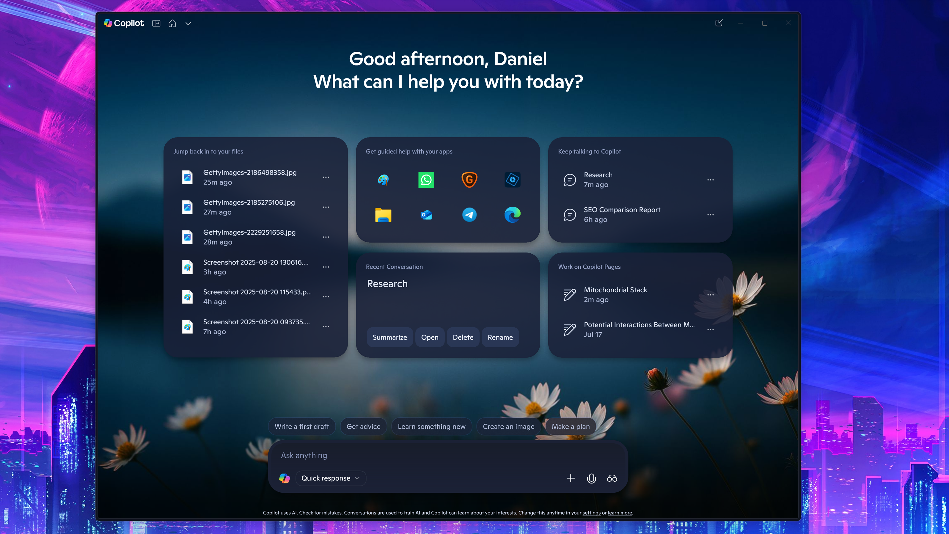 Screenshots of Microsoft's Copilot app for Windows 11 display new features and UI changes.
