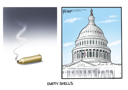 Political Cartoon U.S. Congress Bullets Empty Shells NRA Gun Legislation