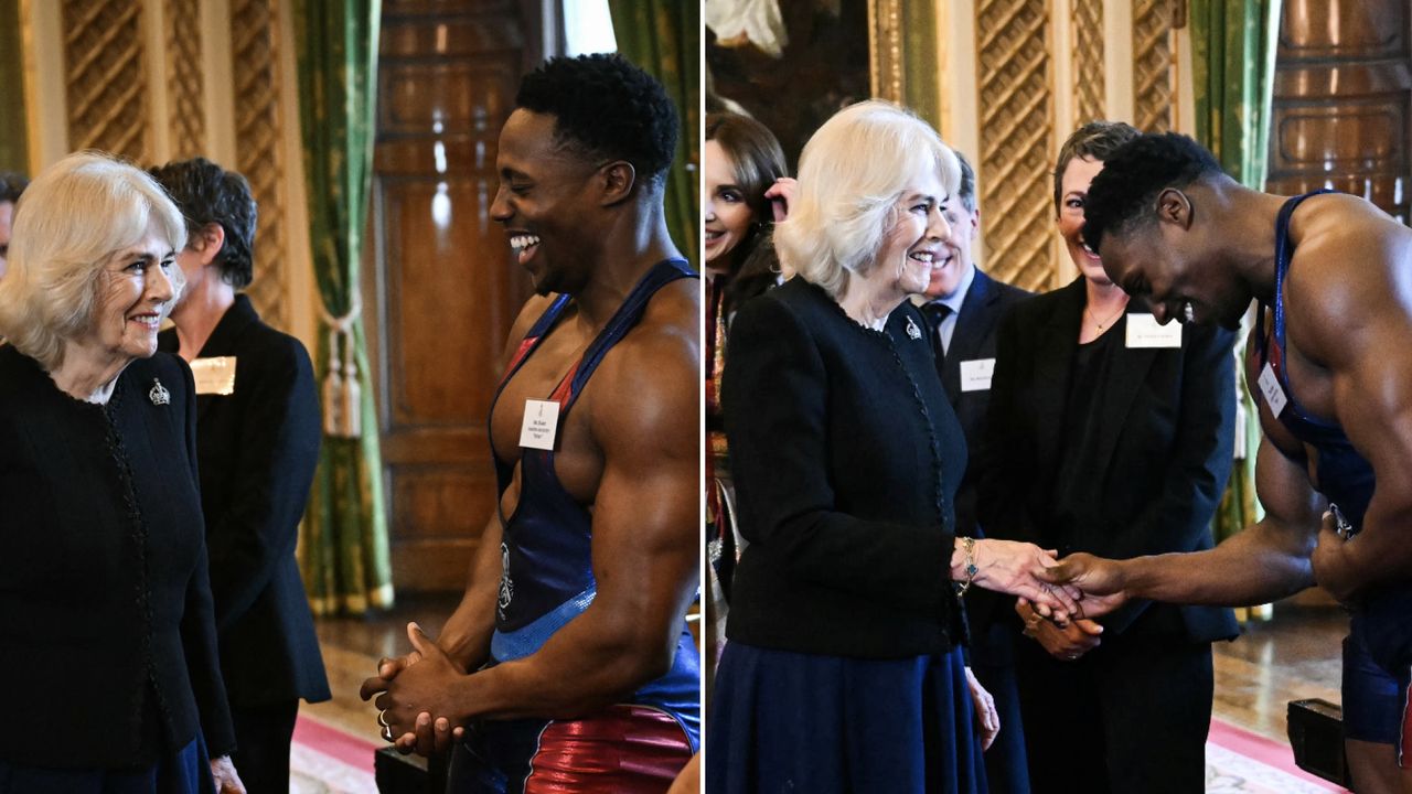 Queen Camilla meets one of the Gladiators