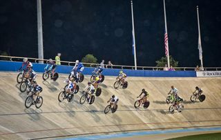 The Men's Points Race field sits up after spending most of the 160 laps chasing down breakaway attempts.