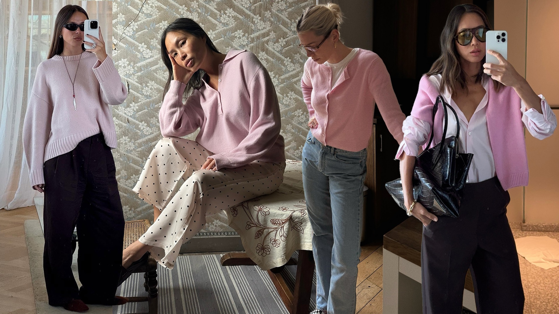 fashion collage of four influencers including Johanna Lager, Anne-Victoire Lefevre, Lindsey Holland, and Aimee Song wearing chic pink sweater trend outfit ideas for 2026