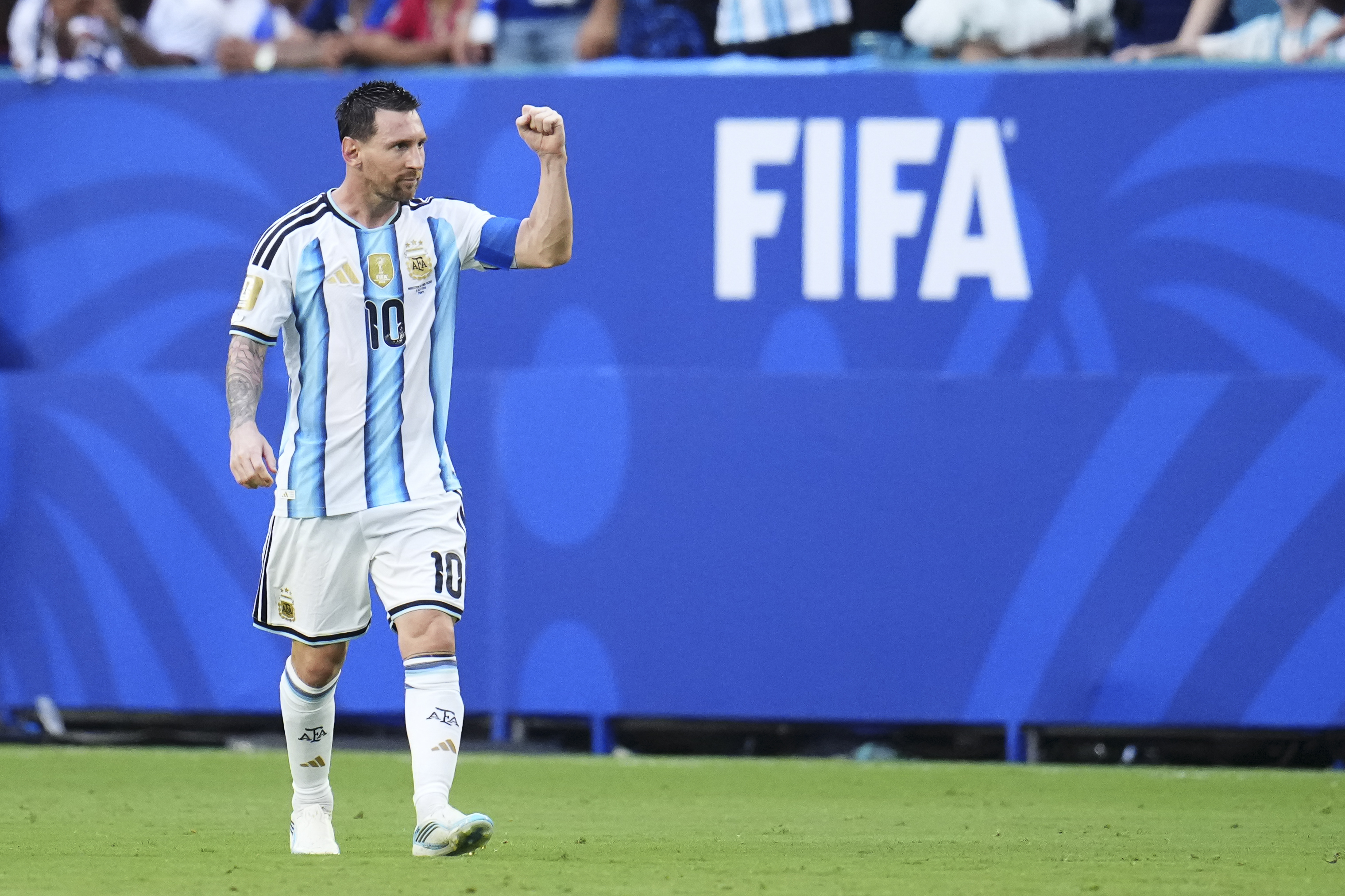Lionel Messi of Argentina celebrates after scoring his team&amp;apos;s first goal during the FIFA World Cup 2026 Round Of 32 match between Argentina and Cabo Verde at Miami Stadium on July 3, 2026 in Miami Gardens, United States. (Photo by Jose Breton/Pics Action/NurPhoto via Getty Images)
