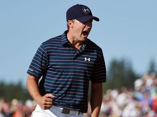 UNIVERSITY PLACE, WA - JUNE 21: Jordan Spieth of the United States celebrates a birdie putt on the 16th green during the final round of the 115th U.S. Open Championship at Chambers Bay on June 21, 2015 in University Place, Washington. (Photo by Ross Kinnaird/Getty Images)