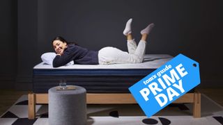 Helix Midnight Luxe mattress with Prime Day deal badge overlaid on top