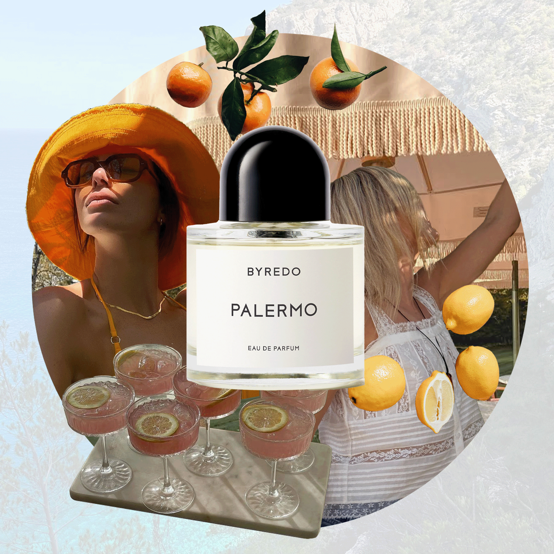 Collage graphic of citrus perfumes from Victoria Beckham, Byredo and Maison Margiela on a backdrop of lemons, oranges and a woman wearing an orange hat