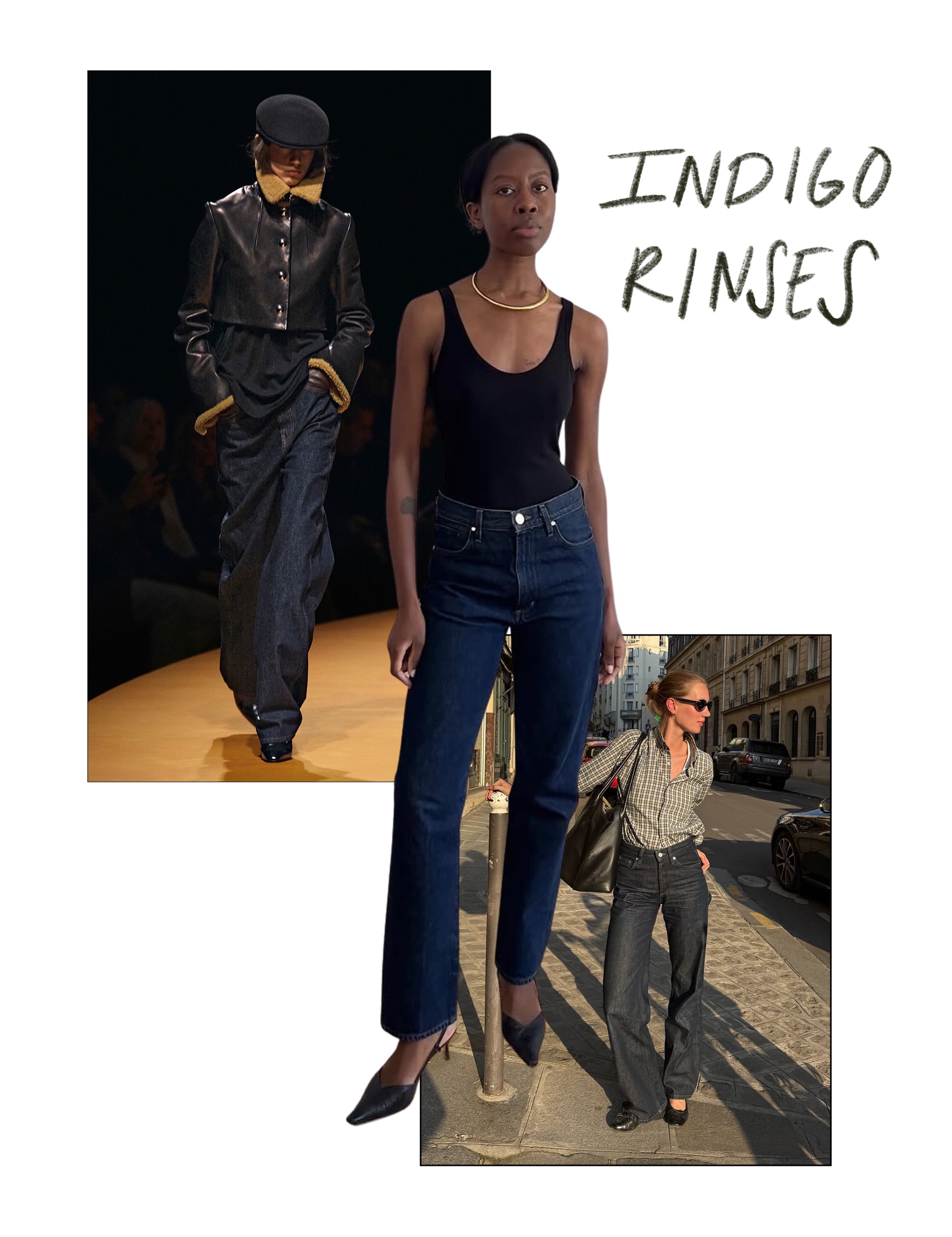a collage of runway and influencer imagery featuring the major fall 2025 denim trends