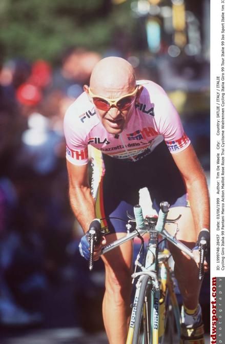 Marco Pantani time trials in the maglia rosa in stage 18 of the 1999 Giro d'Italia. Two stages later he would be expelled after a failed haematocrit test
