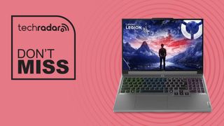 Lenovo Legion 5i gaming laptop on pink background with don't miss text overlay