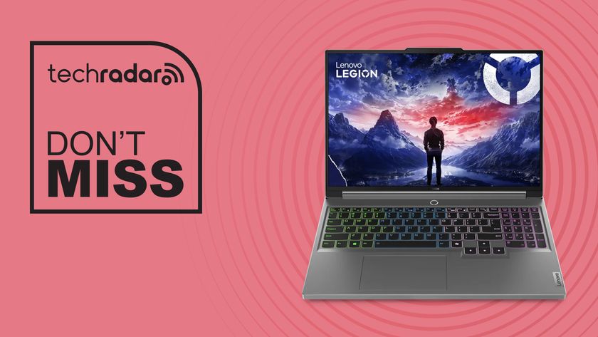 Lenovo Legion 5i gaming laptop on pink background with don&#039;t miss text overlay