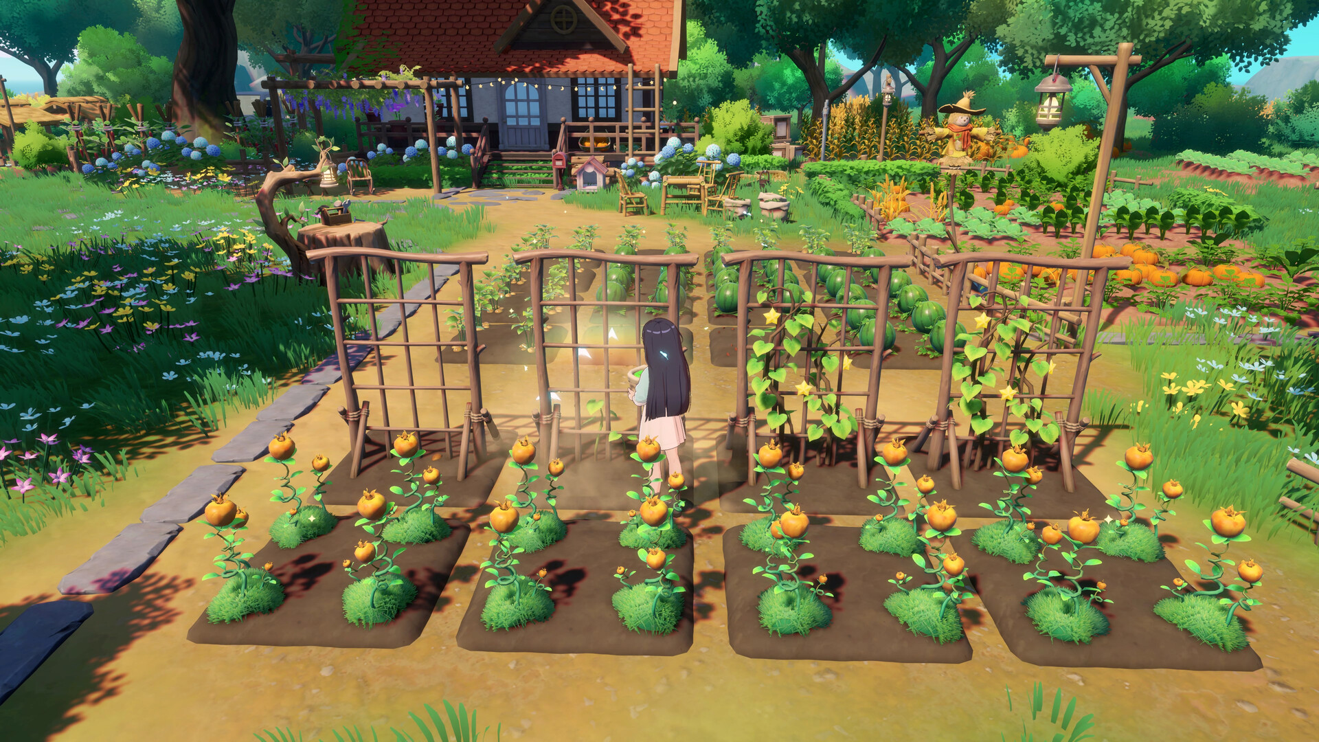 A player planting crops on a trellis in Starsand Island.