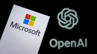 The Microsoft logo displayed on a smartphone with the OpenAI logo in the background.