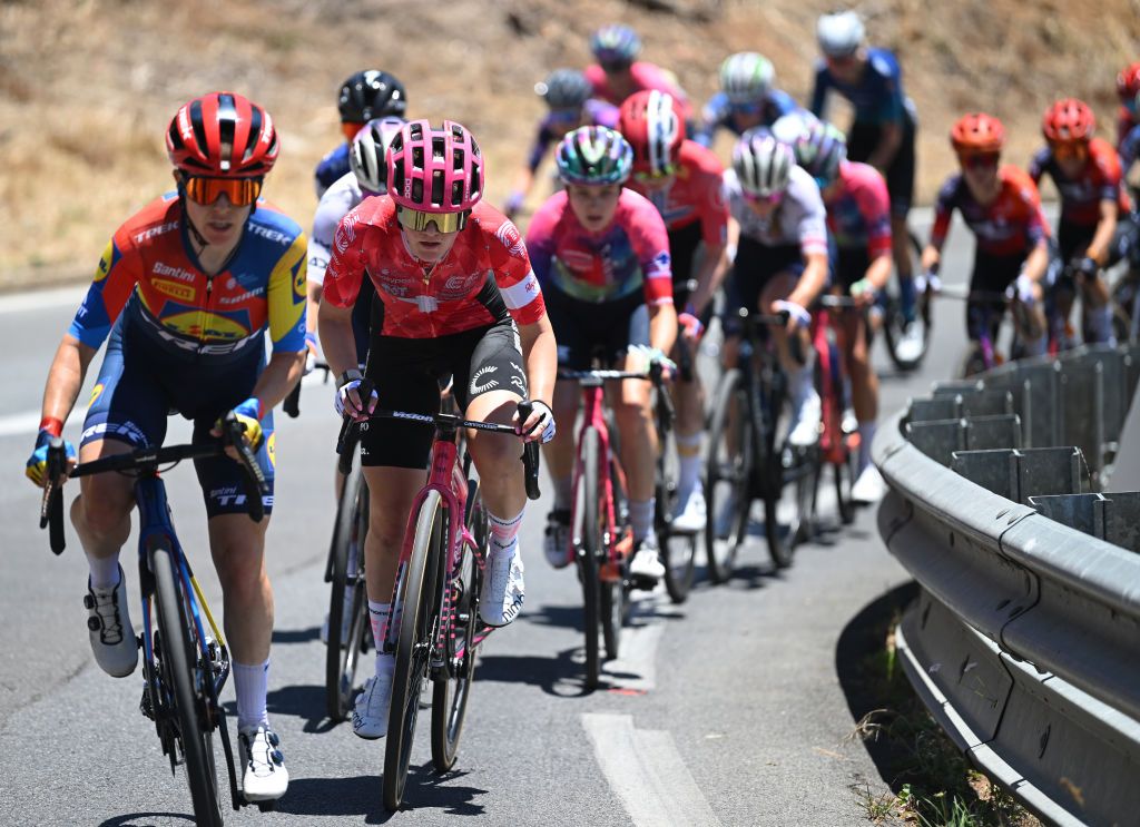WILLUNGA HILL AUSTRALIA JANUARY 18 Noemi Ruegg of Switzerland and Team EF EducationOatly attacks during the 9th Santos Womens Tour Down Under 2025 Stage 2 a 115km stage from Unley to Willunga Hill 370m on January 18 2025 in Willunga Hill Australia Photo by Dario BelingheriGetty Images