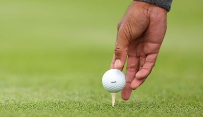 Tiger is written on a golf ball as Tiger places it on the tee