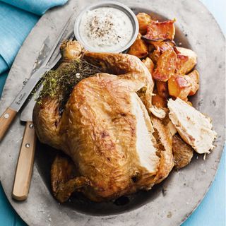 Brined Roast Chicken with Sweet Potatoes