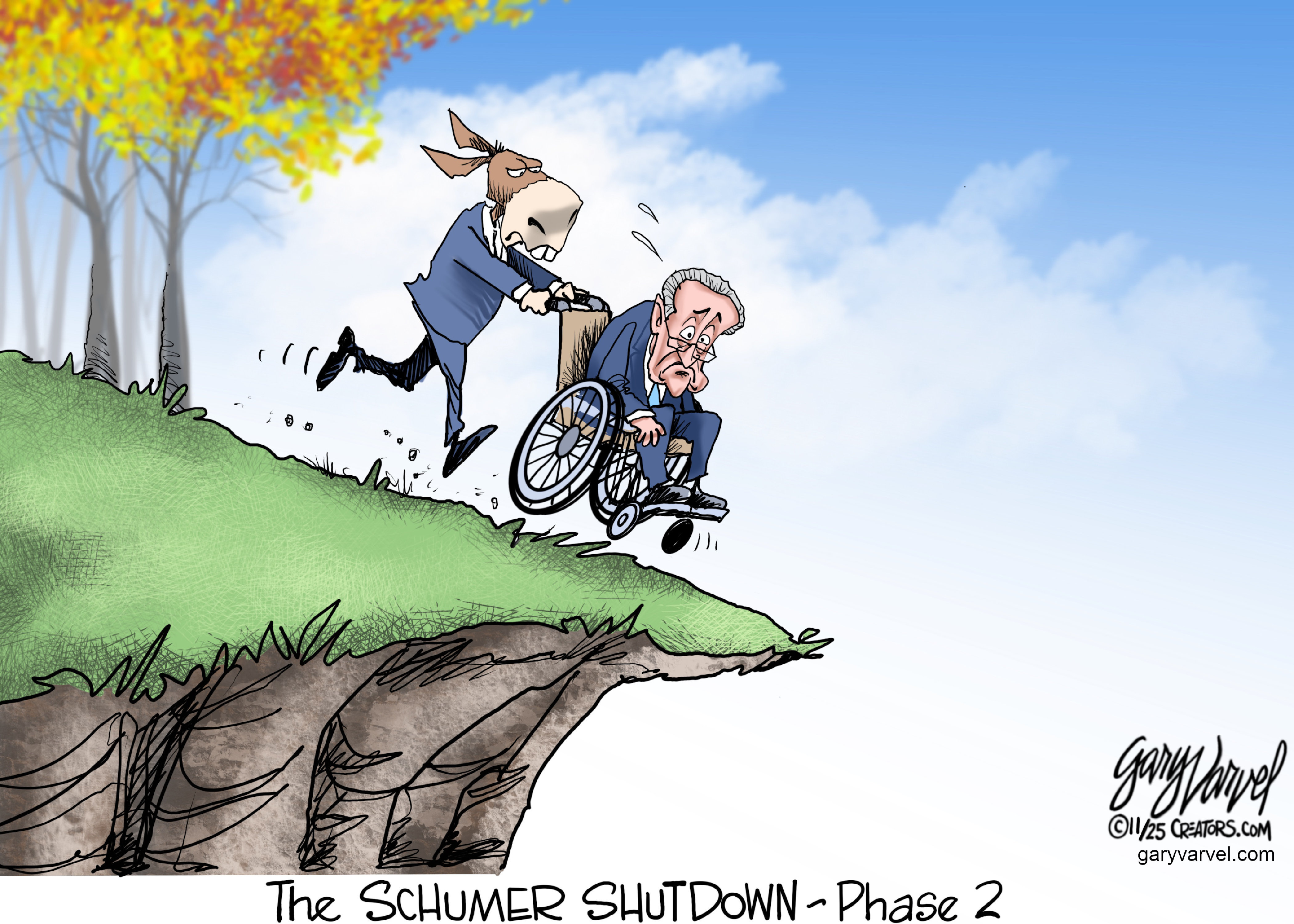 This political cartoon is titled &amp;ldquo;The Schumer Shutdown &amp;mdash; Phase 2.&amp;rdquo; It takes place on a cliff where a donkey happily pushes a wheelchair containing a grumpy-looking Chuck Schumer off the edge.