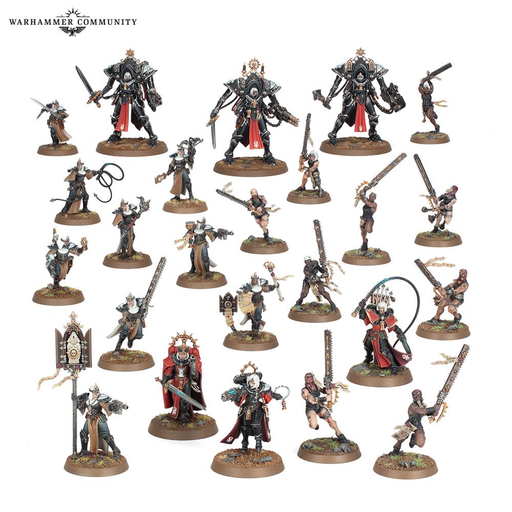 A collection of Warhammer Adepta Sororitas models on a plain background