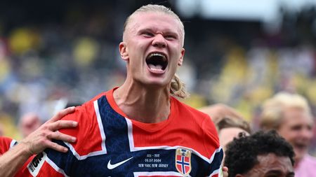 Erling Haaland of Norway celebrates at the end of the FIFA World Cup 2026 Round Of 16 match between Brazil and Norway at New York New Jersey Stadium on July 05, 2026 in East Rutherford, New Jersey