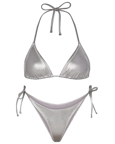 Metallic String Bikini for Women - Sexy Beach Glitter Swimsuits Bathing Suit Triangle Tops Side Tie Thong Bottom Set(silver,xs,1026e)