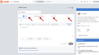 Screenshot of Reddit.com on the browser with a red arrow pointing at the post-type tabs below the Choose a community dropdown in the Create a Post menu. 