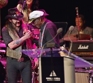 Lemmy and Berry on stage at the Chuck Berry Tribute Concert in Cleveland, Ohio in 2012