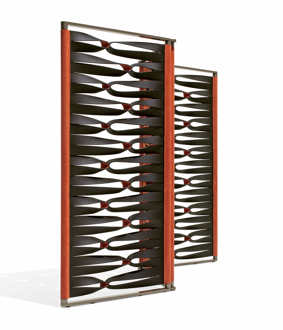 Room divider by Roberto Lazzeroni for Giorgetti made of twisted leather bands in black and brown