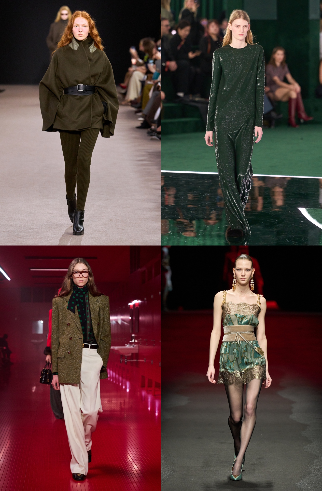 Zdjęcie oliwkowego odcienia na wybiegach kolekcji Max Mara, Gucci, Roberto Cavalli jesień/zima 2025, jednego z głównych trendów kolorystycznych jesieni 2025 roku.