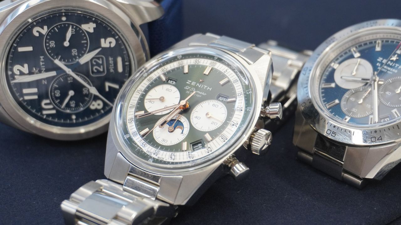 The Zenith Chronomaster Original Triple Calendar flanked by a Zenith Pilot chronograph and a Zenith Chronomaster Sport