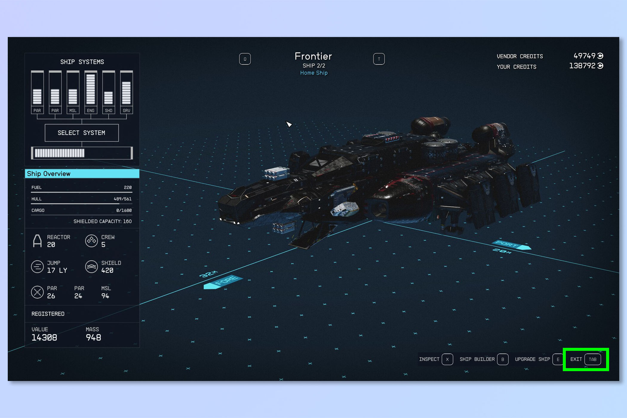 Скриншот, показывающий, как сменить корабль в Starfield.