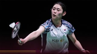 South Korea's Sim Yujin hits the shuttlecock in the 2022 Uber Cup women's singles final.
