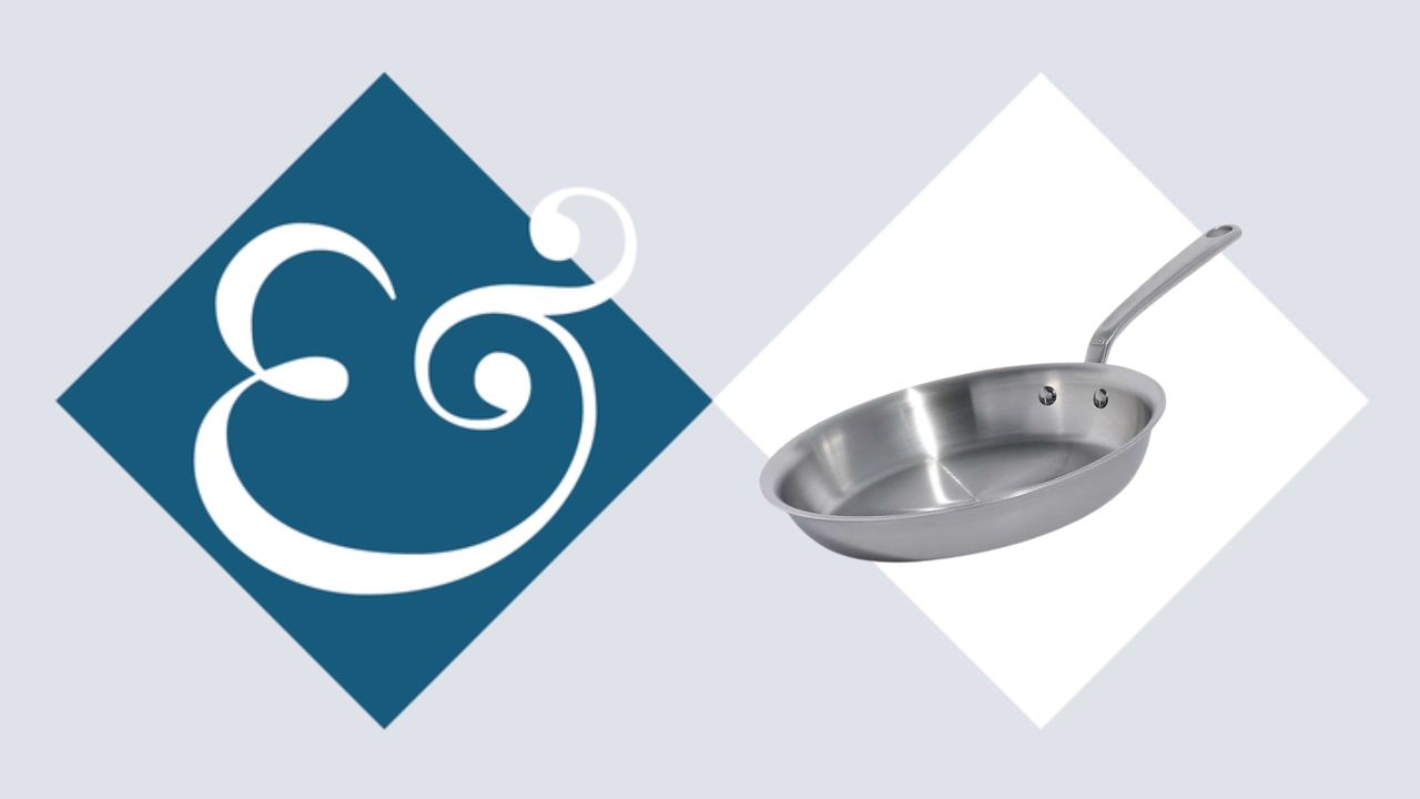 A stainless steal frying pan on in a white diamond, next to a dark blue diamond with an '&amp;' in it. 