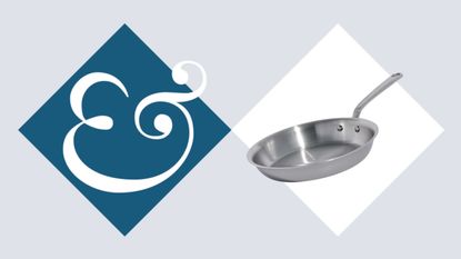A stainless steal frying pan on in a white diamond, next to a dark blue diamond with an '&' in it. 