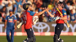 Phil Salt and Harry Brook celebrating during the England vs India 2026 T20I series